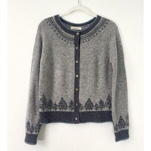 Woolovers Fair Isle Grey Button Down Crew Neck 100% Wool Cardigan Sweater S